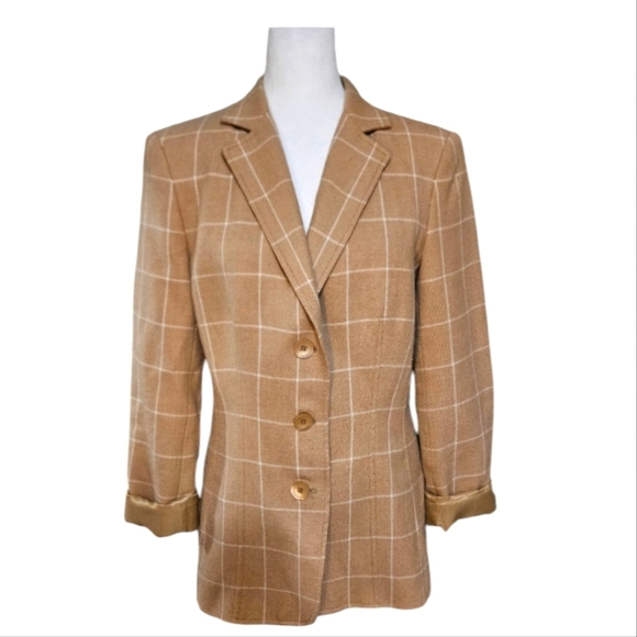 TALBOTS Vintage Wool Cashmere Tan Brown Plaid Windowpane Blazer Jacket. Size 8 - Picture 1 of 11